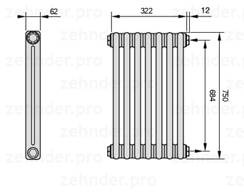 Схема (чертеж) Радиатор Zehnder Charleston 2075/7 №7610 Белый глянцевый RAL 9016